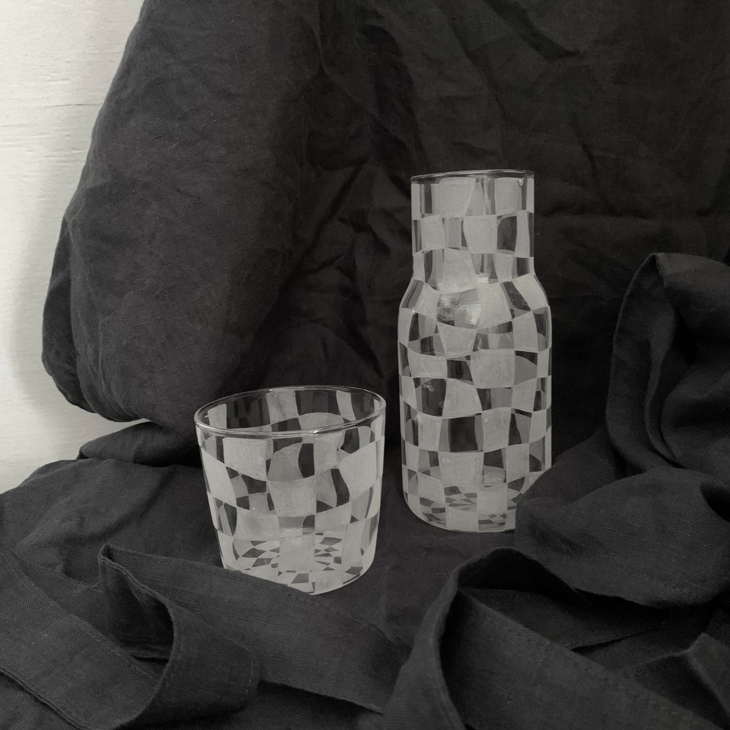 Hand Engraved Carafe + Cup Set ~ Chequer